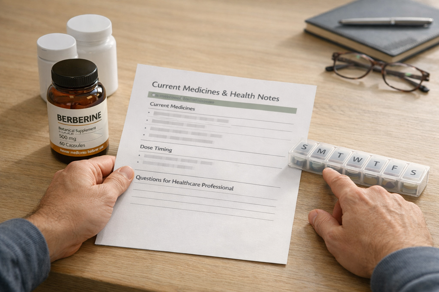 Person reviewing medications with a berberine bottle and pill organizer on a table