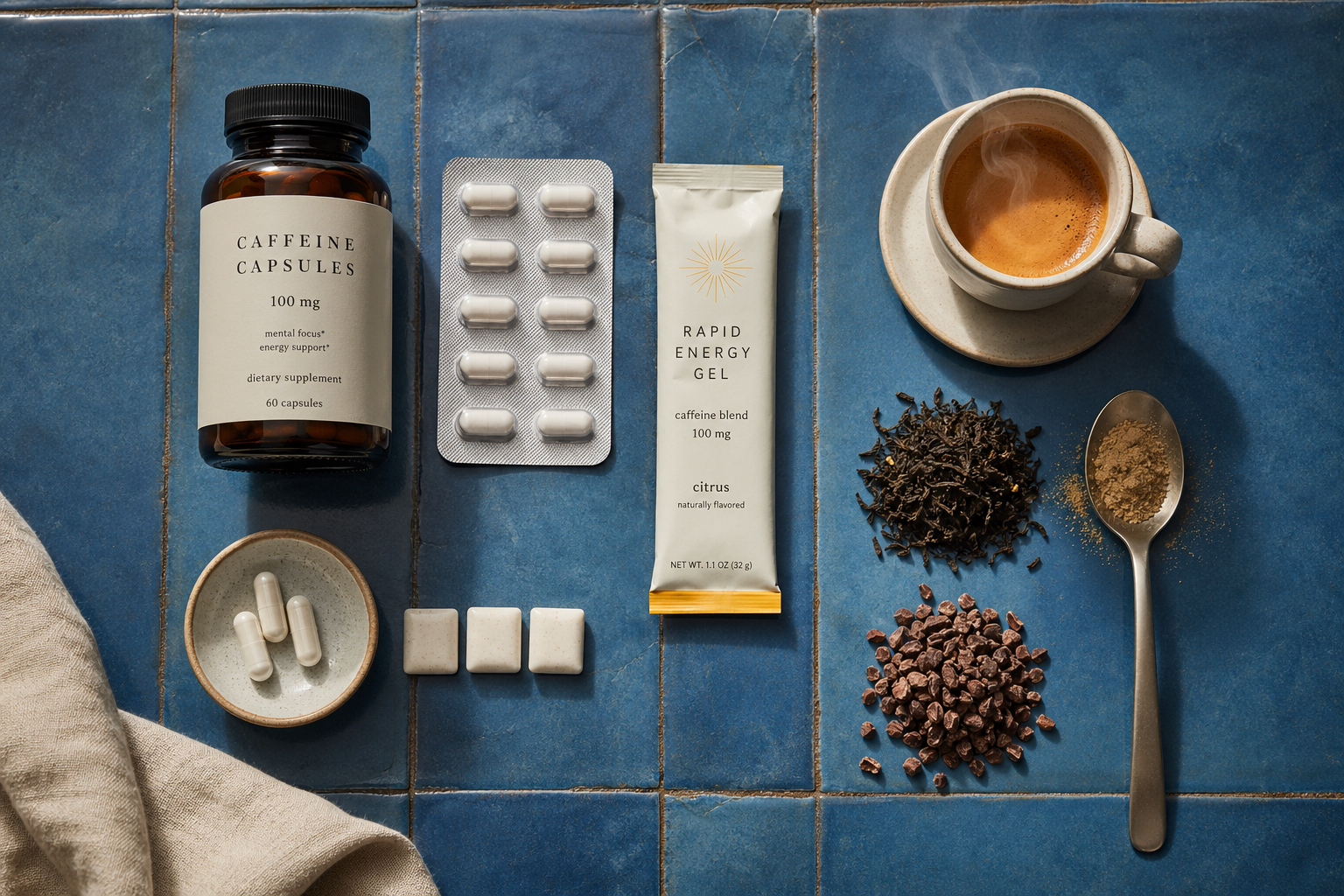 Arrangement of caffeine capsules, tablets, gum, gel, espresso, tea leaves, cacao nibs, and guarana powder
