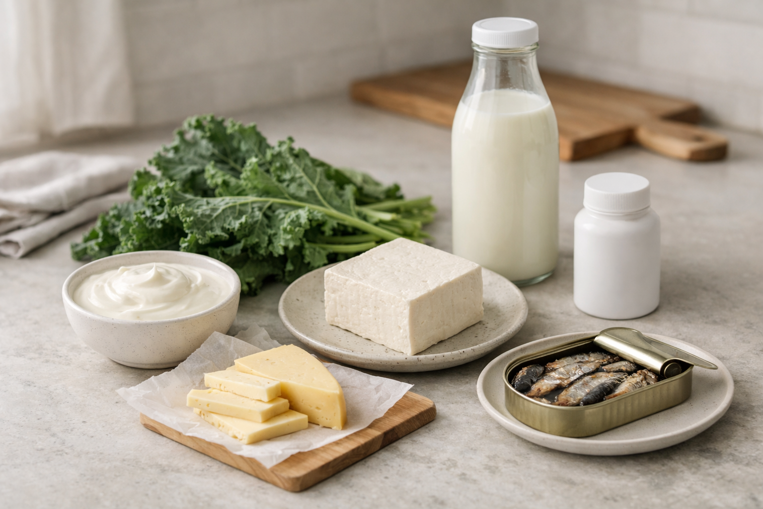 Calcium-rich foods and a plain supplement bottle on a kitchen counter