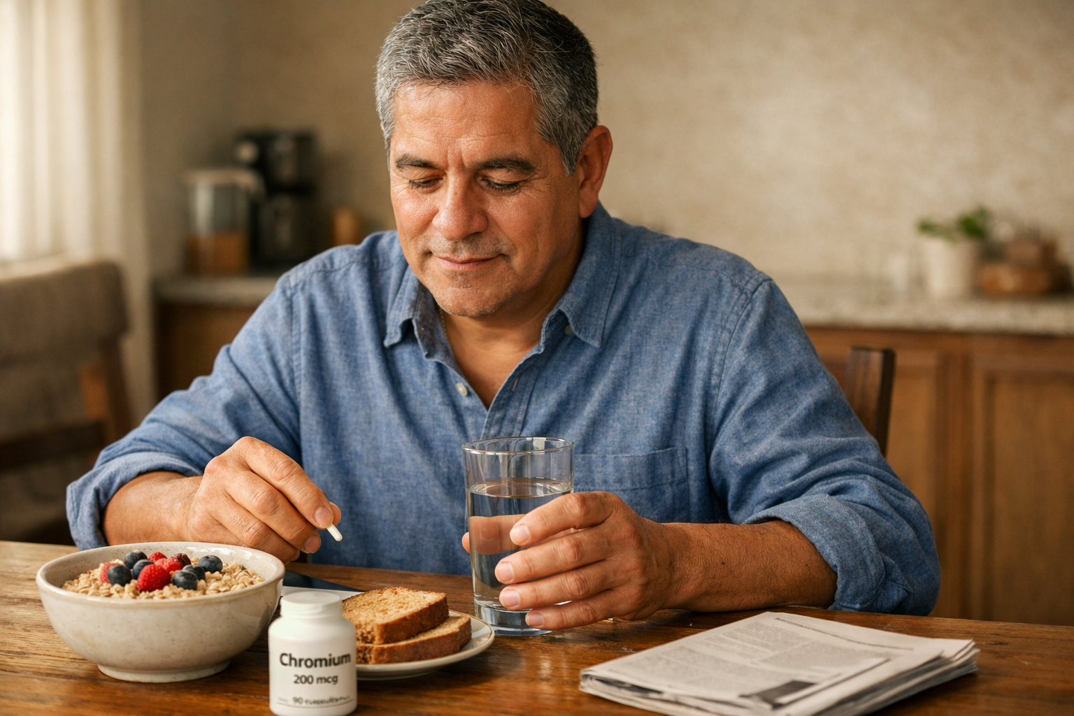 Middle-aged man taking a chromium supplement with breakfast at home