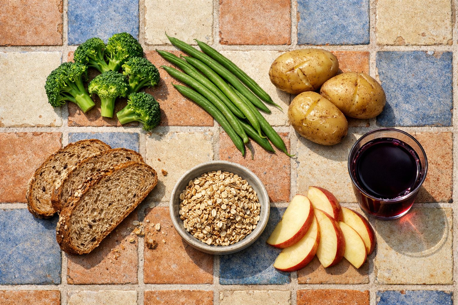 Foods linked with chromium intake, including whole grains, potatoes, broccoli, and grape juice