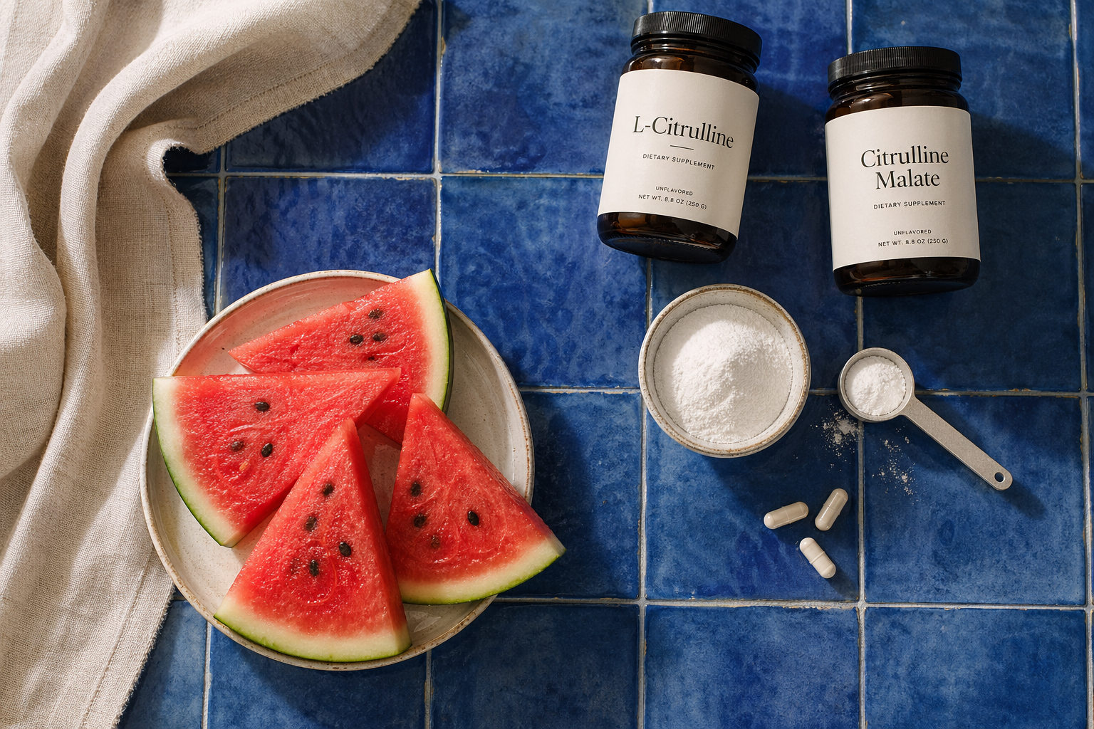Overhead view of watermelon, citrulline powder, capsules, and jars of L-citrulline and citrulline malate
