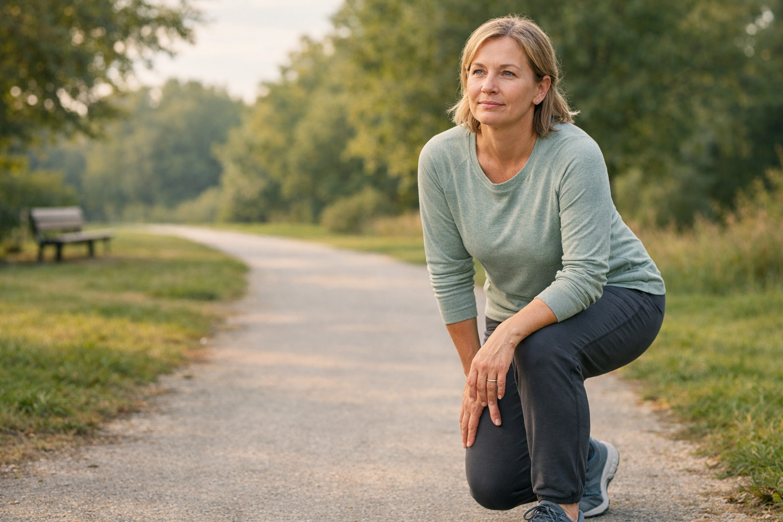 Active adult stretching outdoors with emphasis on knee comfort and joint-focused collagen research