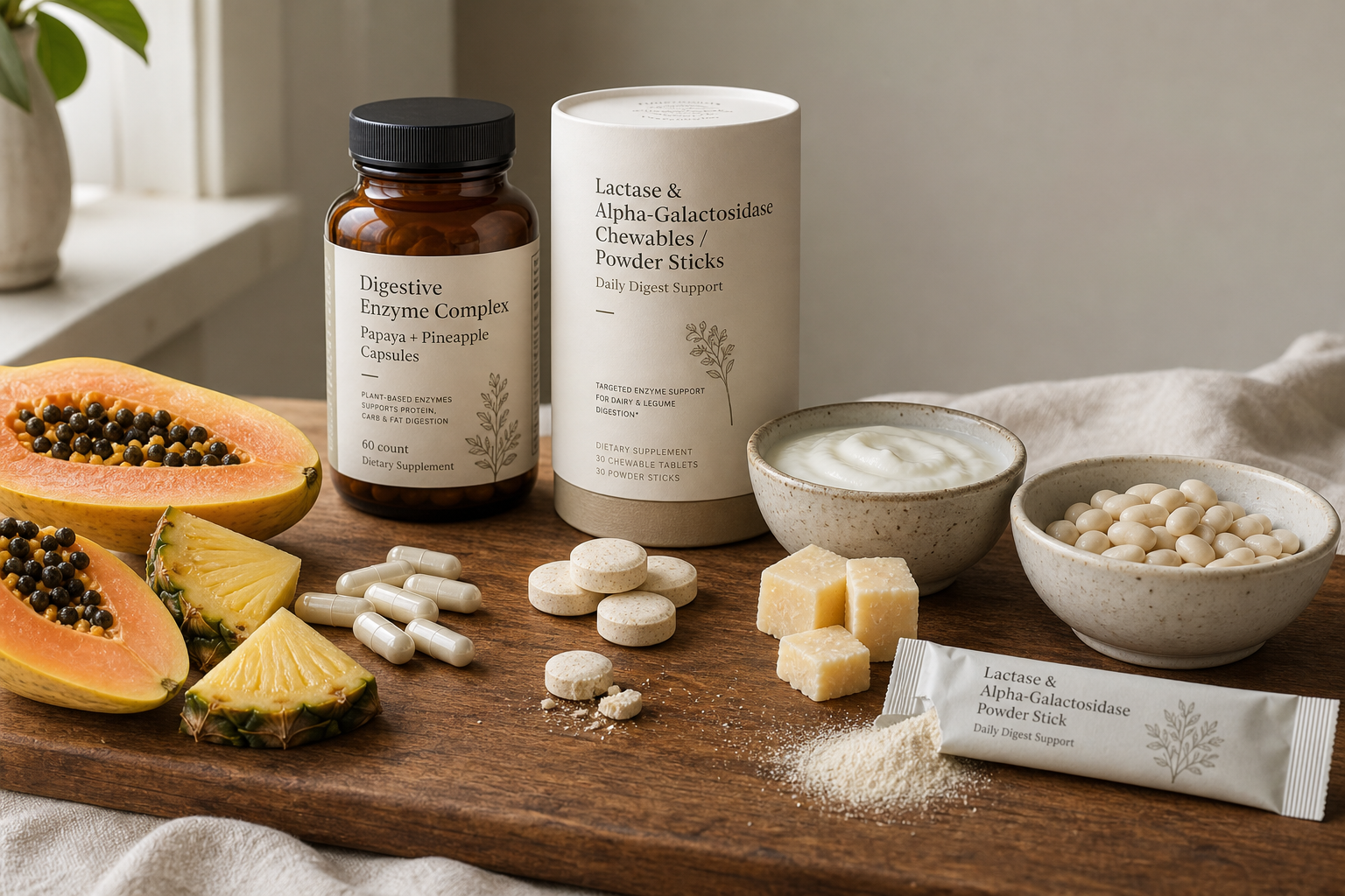 Digestive enzyme supplements beside yogurt, cheese, and beans