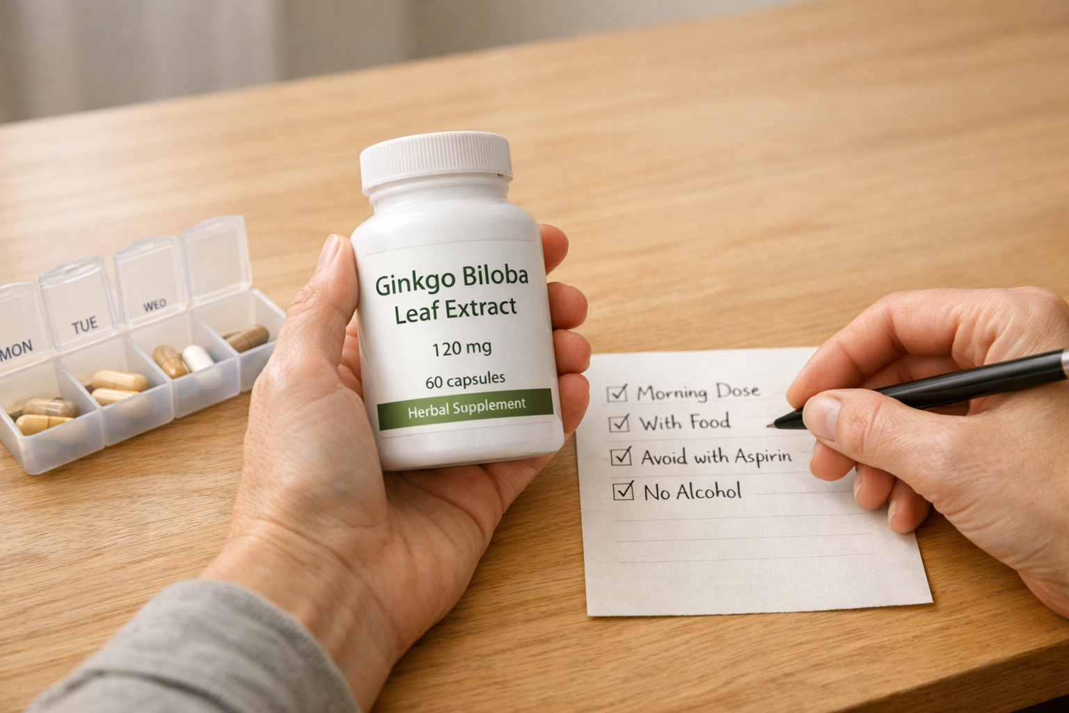 Hands checking a ginkgo biloba supplement bottle beside a pill organizer