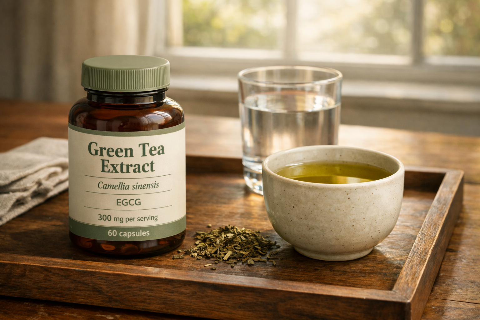 Person checking a green tea extract supplement bottle label beside water and notes