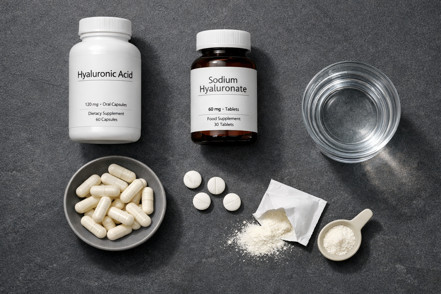 Oral hyaluronic acid supplements in capsule, tablet, and powder forms on a tabletop with water.