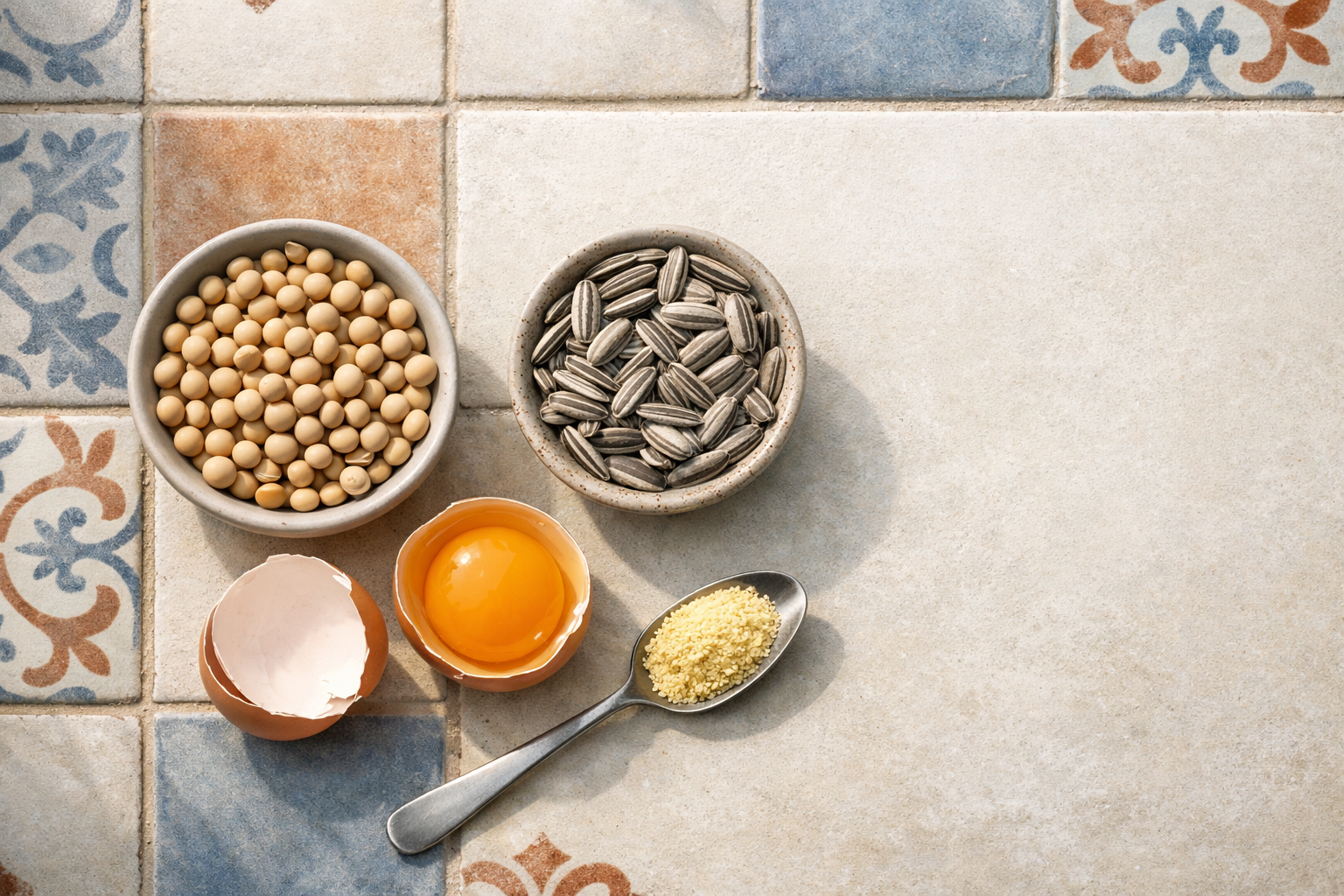 Soybeans, sunflower seeds, egg, and lecithin granules arranged as source ingredients