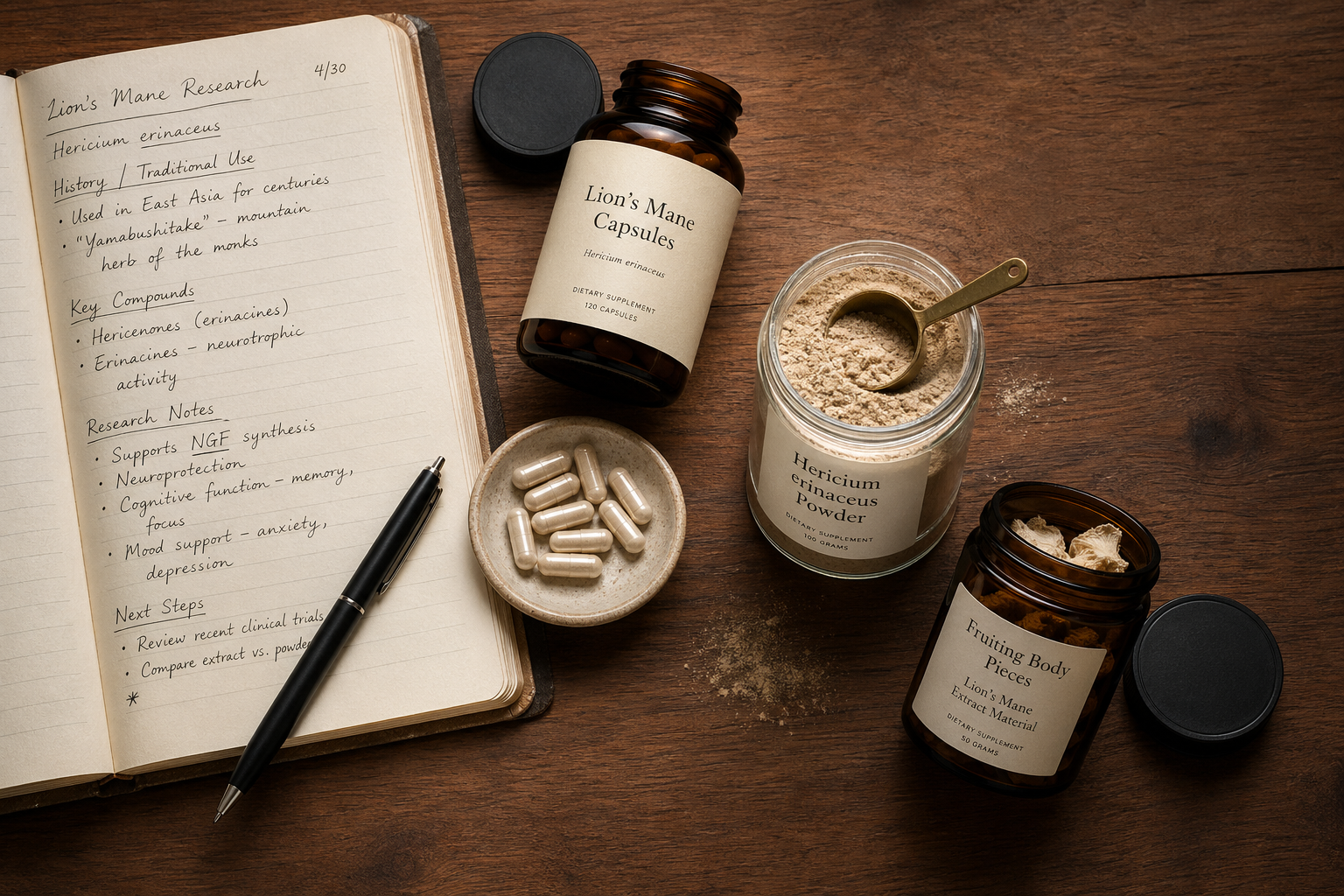Lion's mane capsules, powder, and dried mushroom pieces arranged together