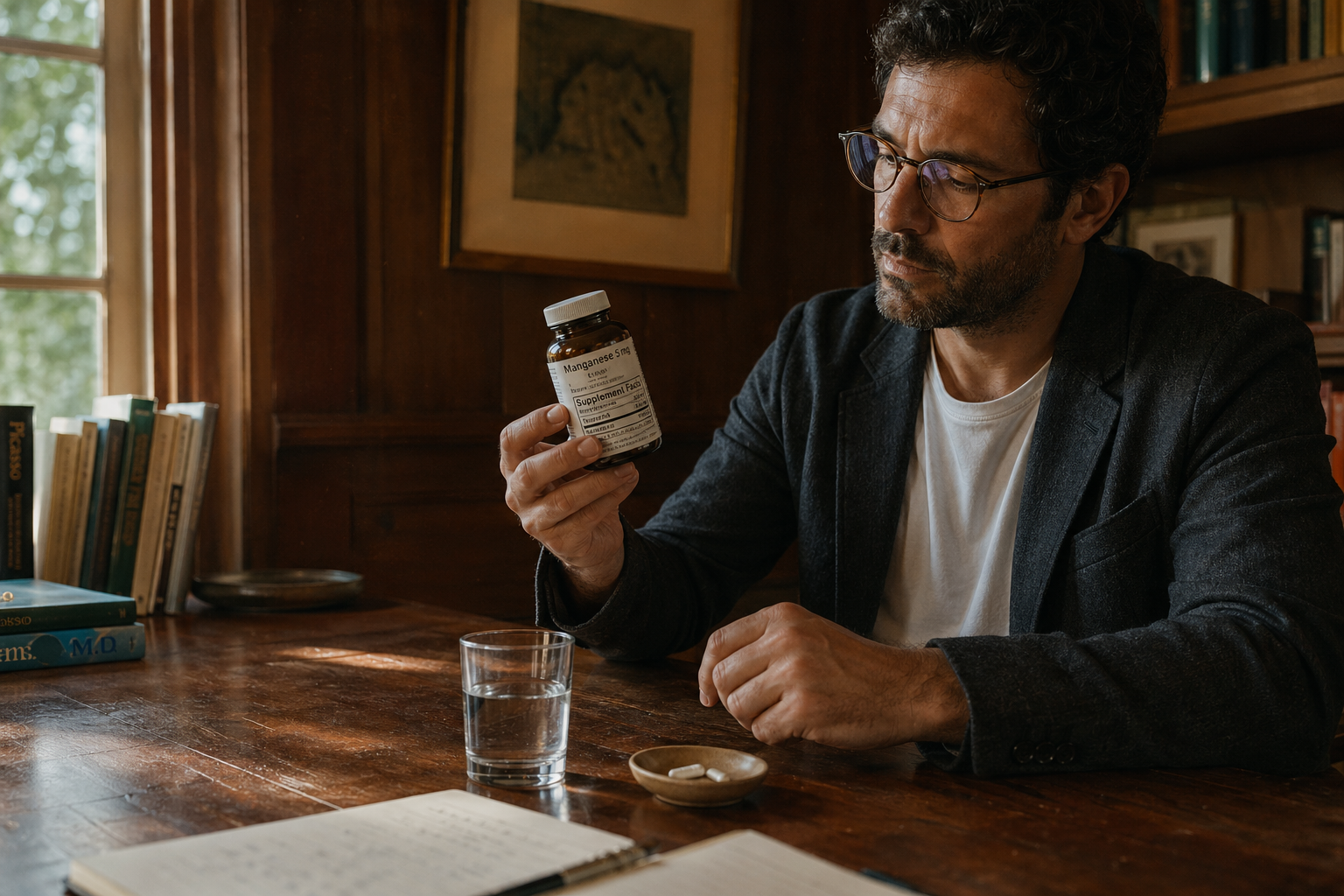 Person reading a manganese supplement label beside a glass of water