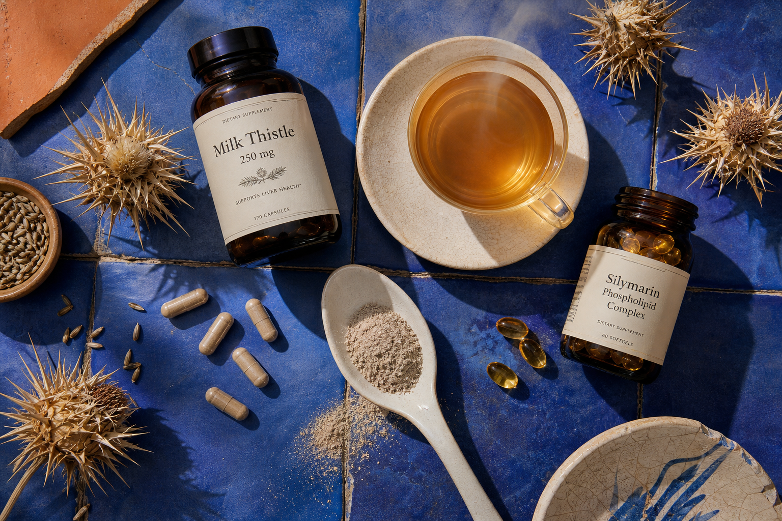 Milk thistle tea, capsules, seeds, and other supplement forms arranged overhead