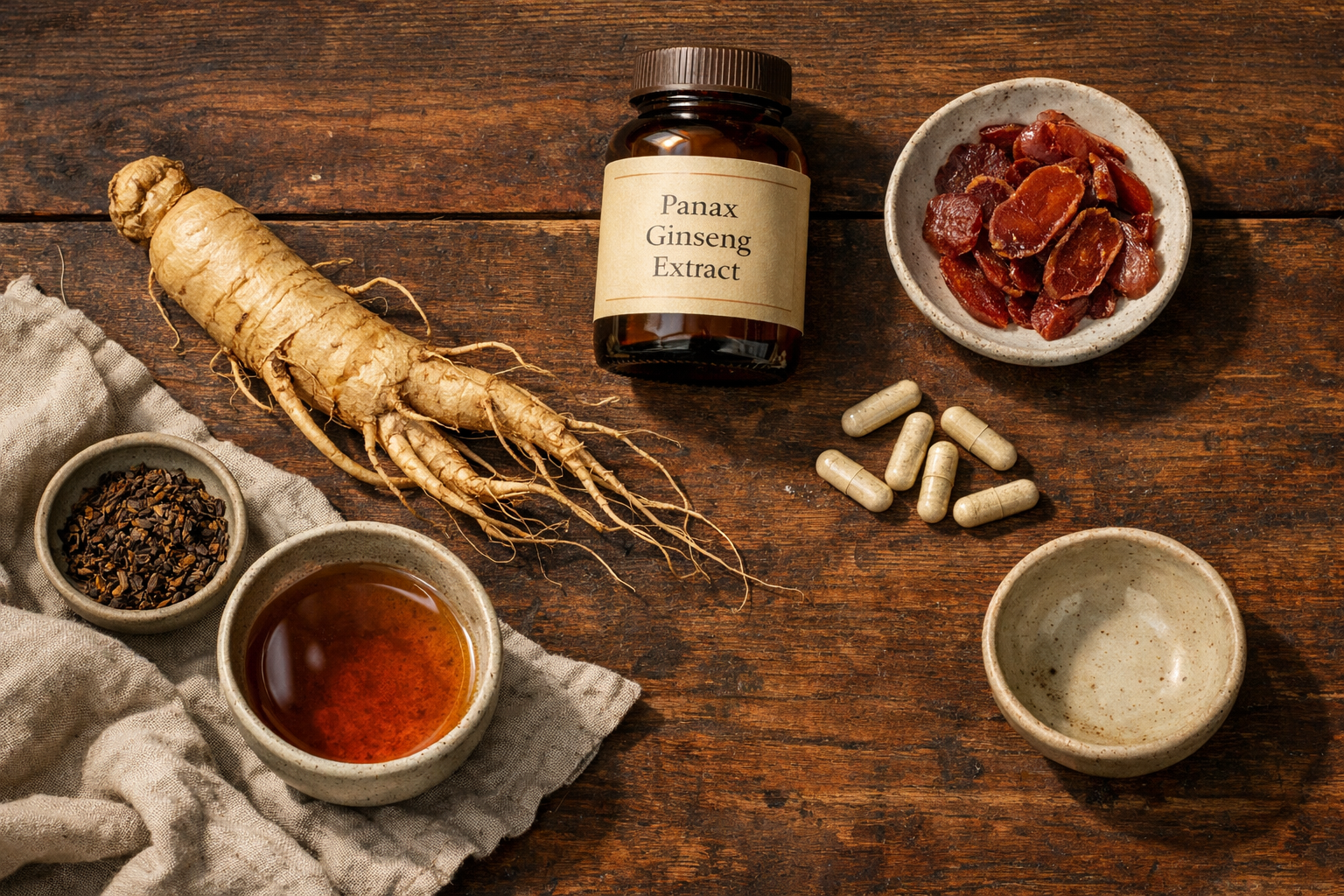 Panax ginseng root, slices, tea, capsules, and extract on a table