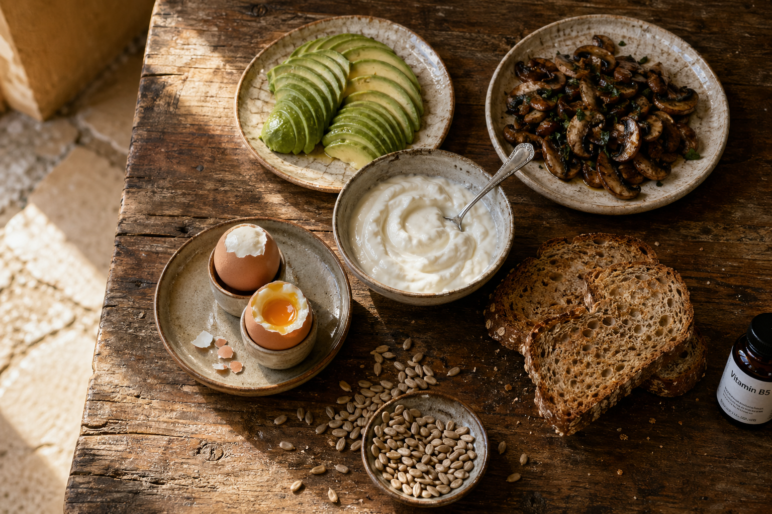 Breakfast foods rich in vitamin B5 beside a pantothenic acid supplement bottle