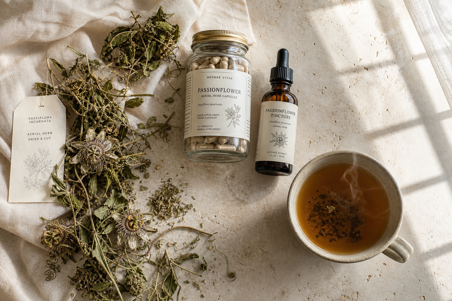 Overhead view of dried passionflower herb, tea, capsules, and tincture showing common supplement forms