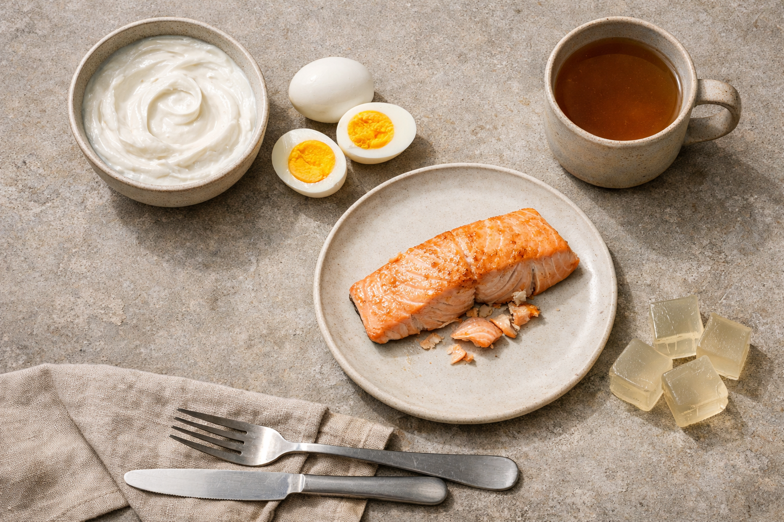 Yogurt, eggs, salmon, broth, and gelatin-rich foods on a countertop