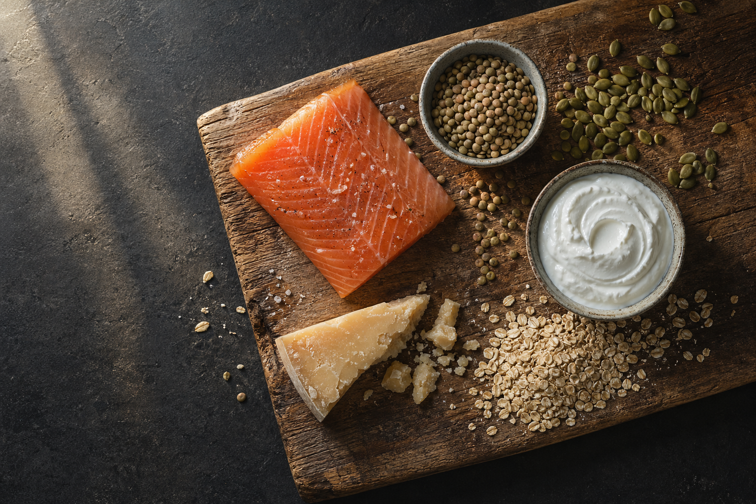 Natural phosphorus-rich foods including fish, lentils, dairy, seeds, and grains