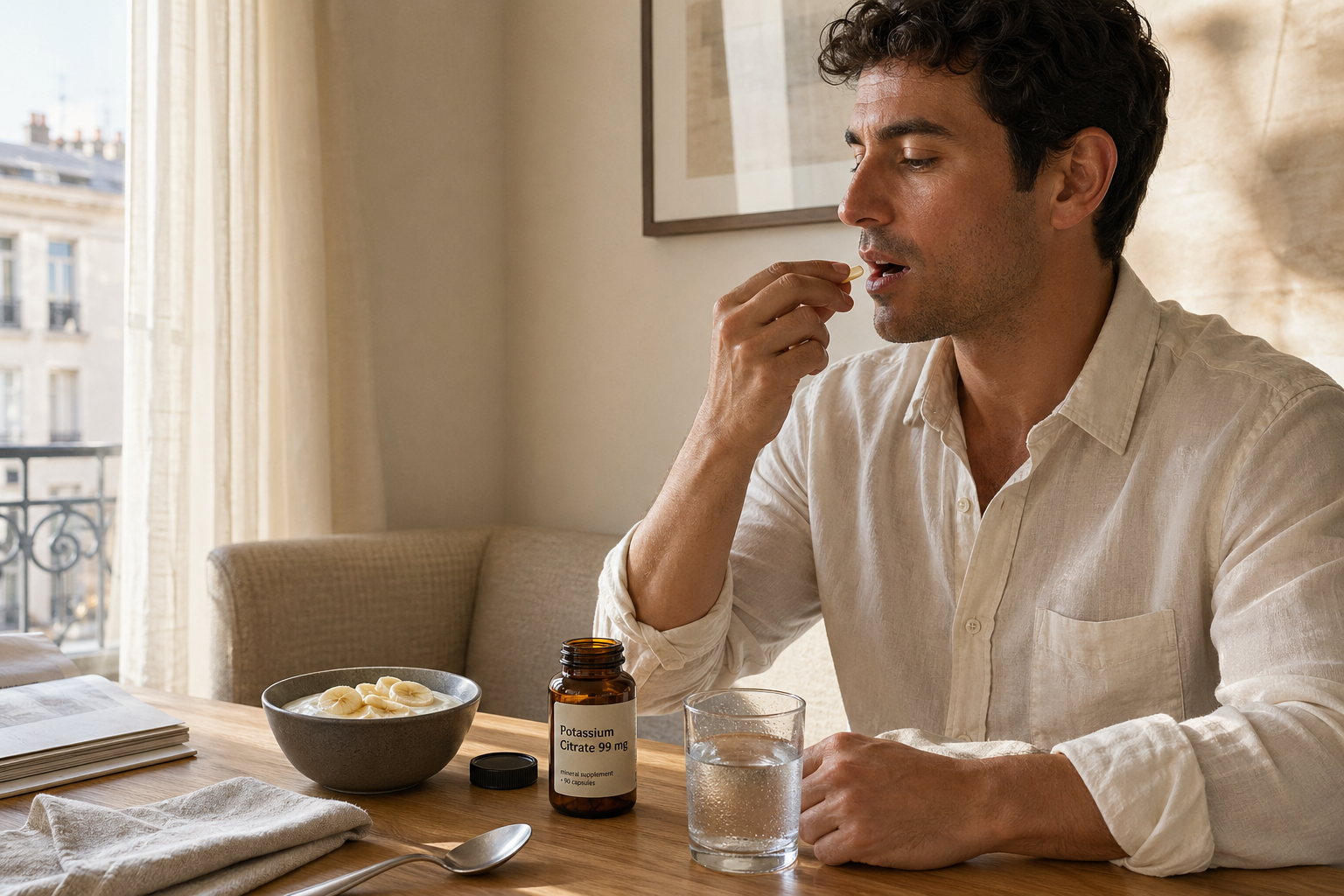 Man taking a potassium supplement with water at a breakfast table