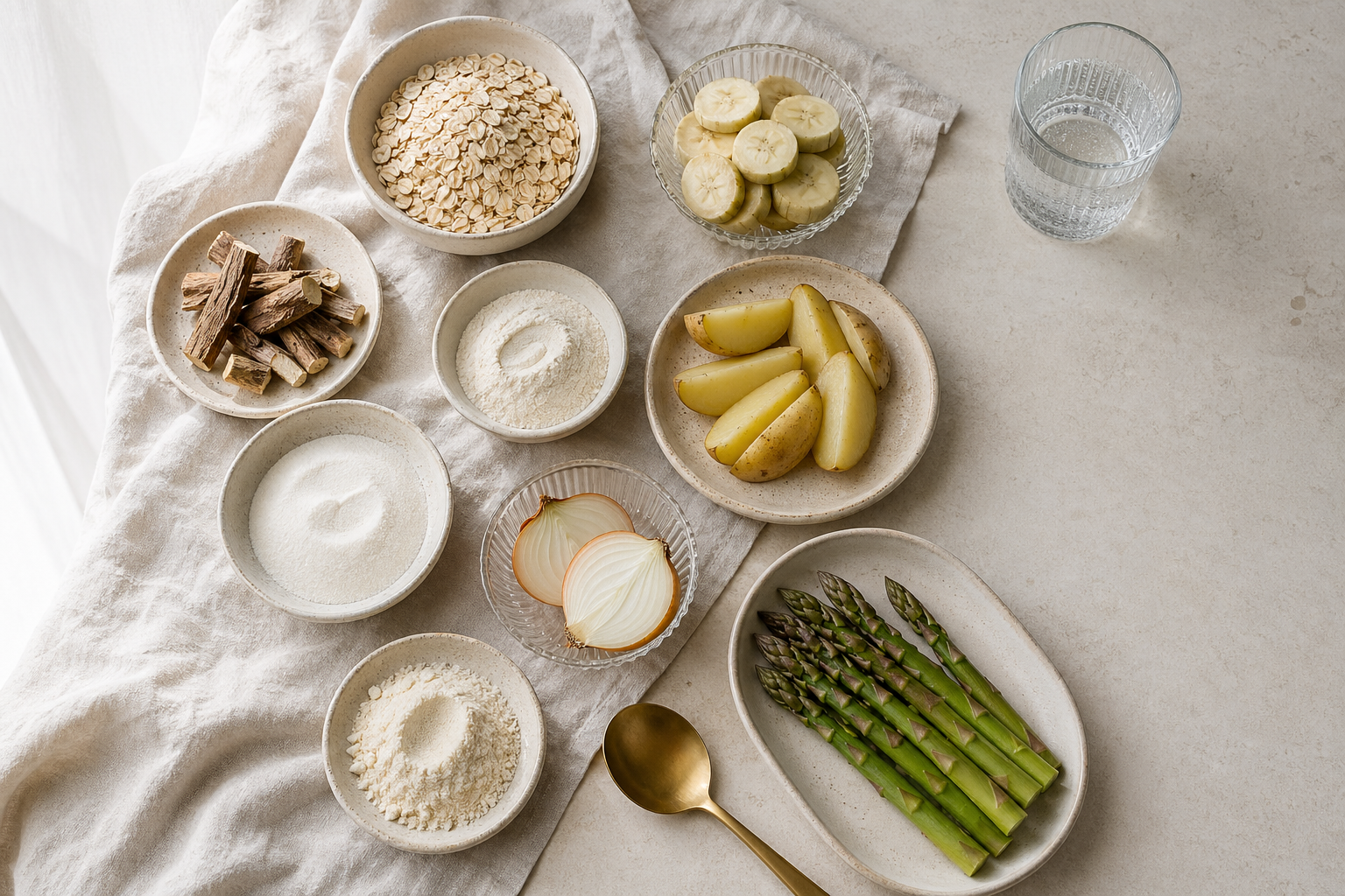 Prebiotic fiber powders and prebiotic-rich foods arranged on a table