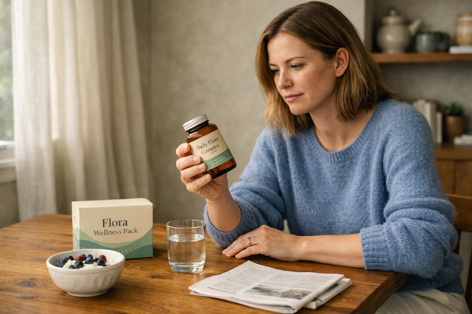 Several probiotic supplement forms including capsules, sachets, drops, and blister packs