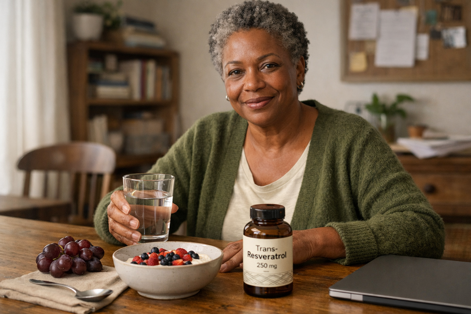 Woman taking a resveratrol supplement capsule with breakfast and water