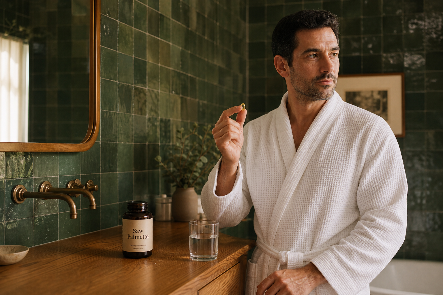Man taking a saw palmetto supplement in a softly lit bathroom
