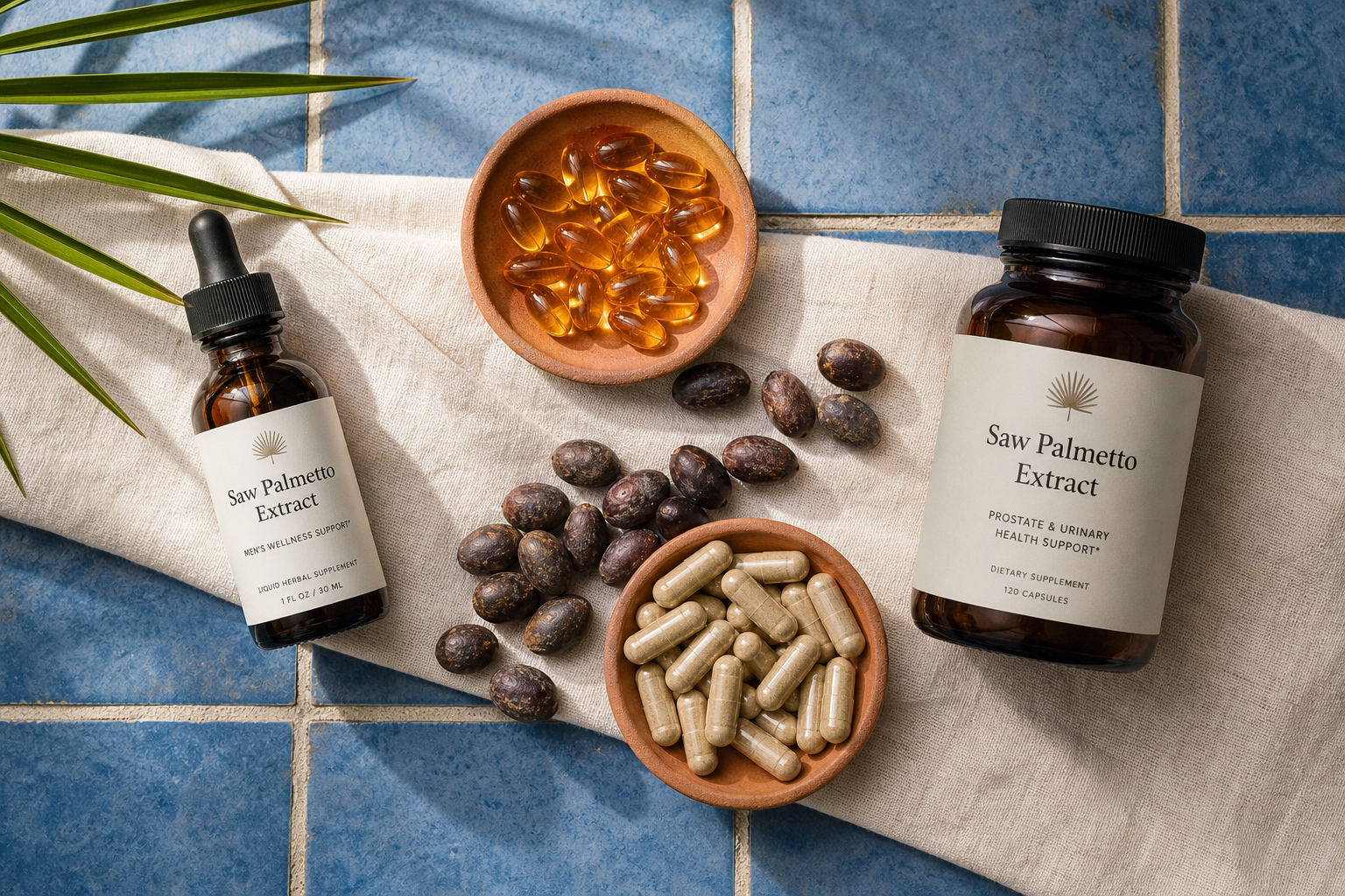 Saw palmetto berries, capsules, softgels, and tincture bottles on a table