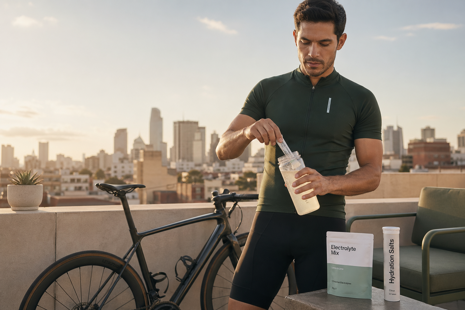 Athlete mixing an electrolyte drink after cycling to illustrate sports sodium use claims
