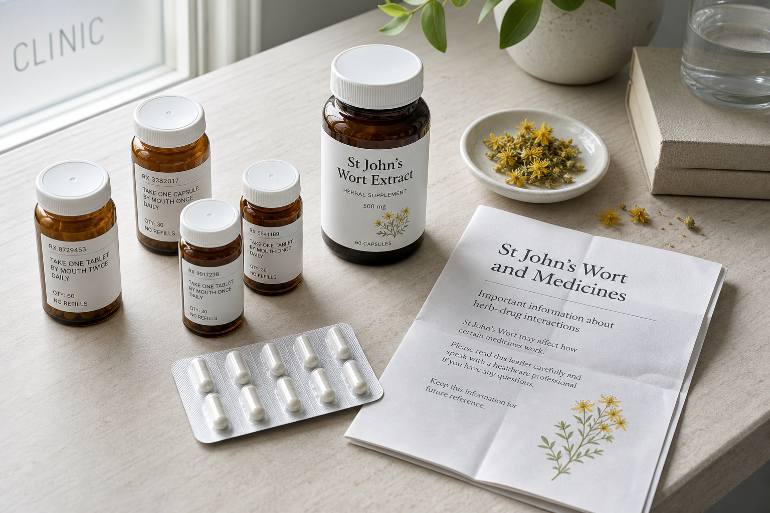 St John’s wort bottle beside medicine vials and an information leaflet