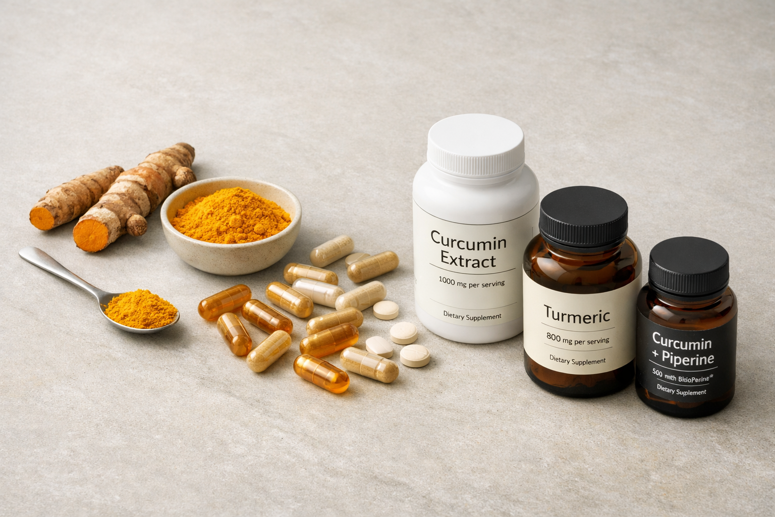 Turmeric root, powder, capsules, and curcumin supplement bottles shown for product comparison