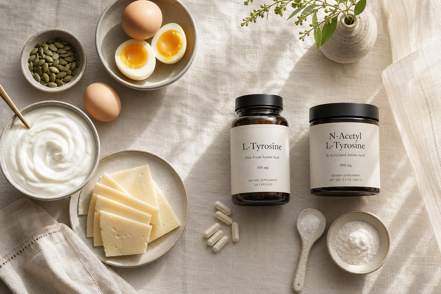 Tyrosine supplements with eggs, yogurt, seeds, and cheese on a breakfast table