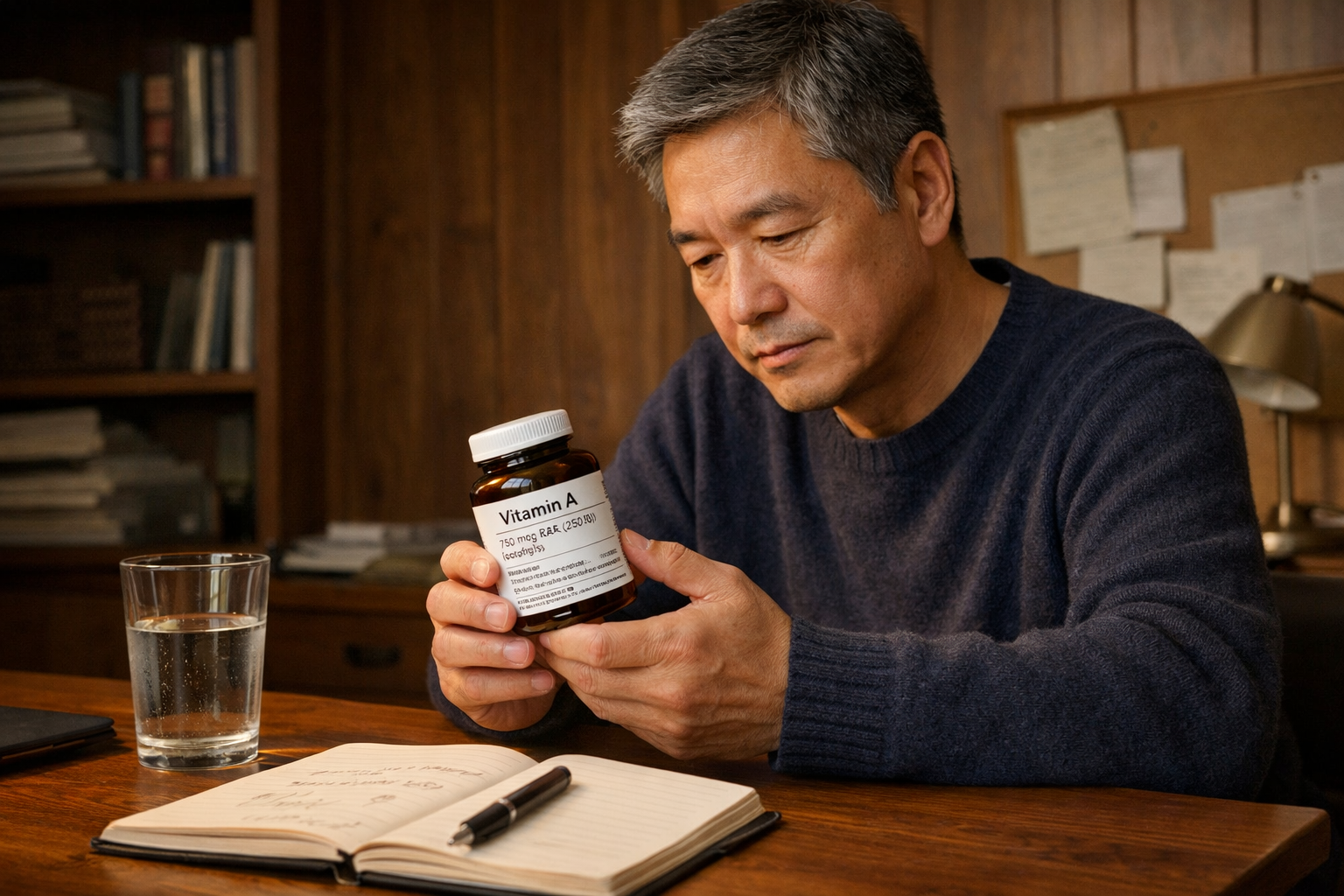 Man reading a vitamin A supplement label before use