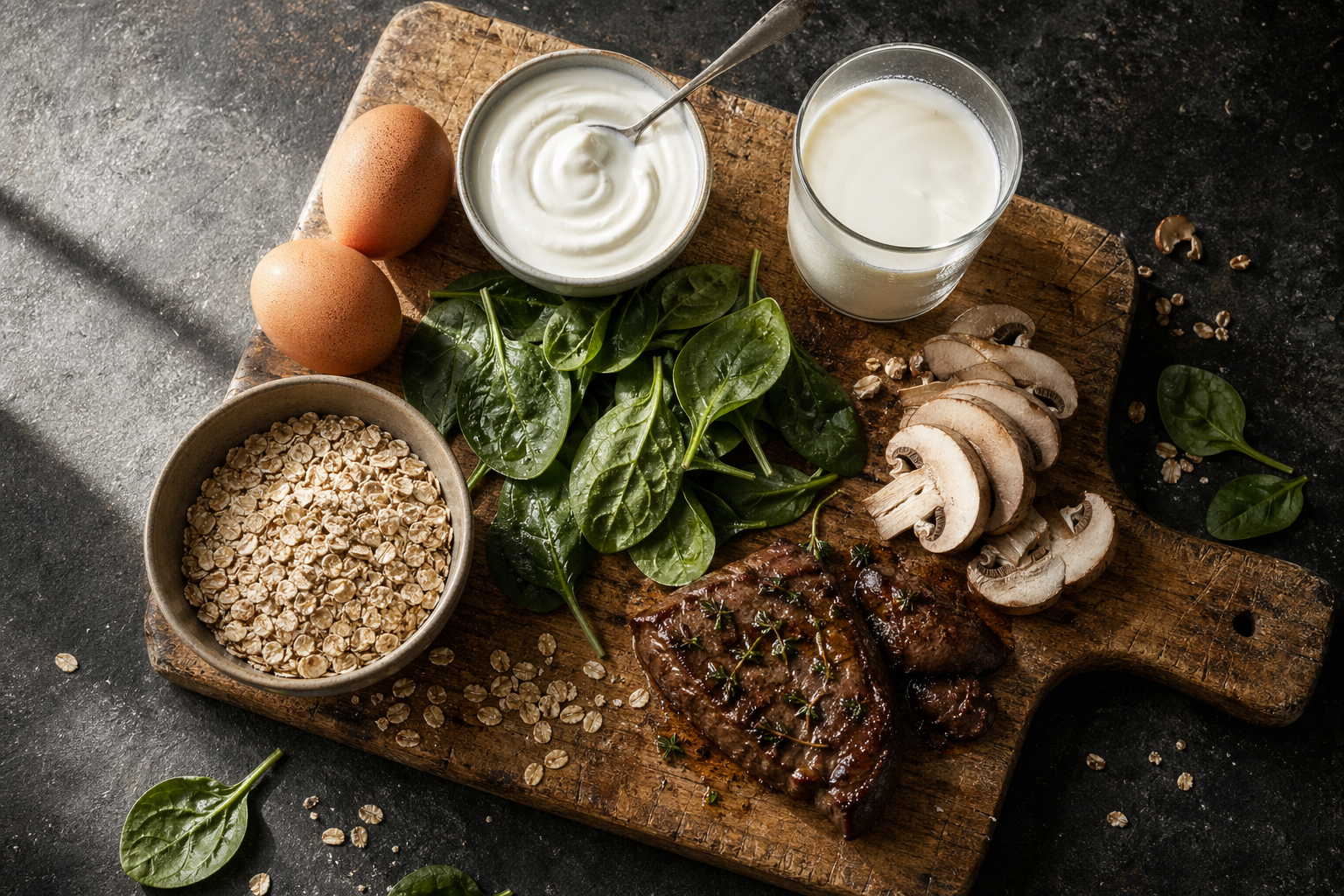 Overhead view of riboflavin-rich foods including eggs, yogurt, milk, mushrooms, spinach, and cereal