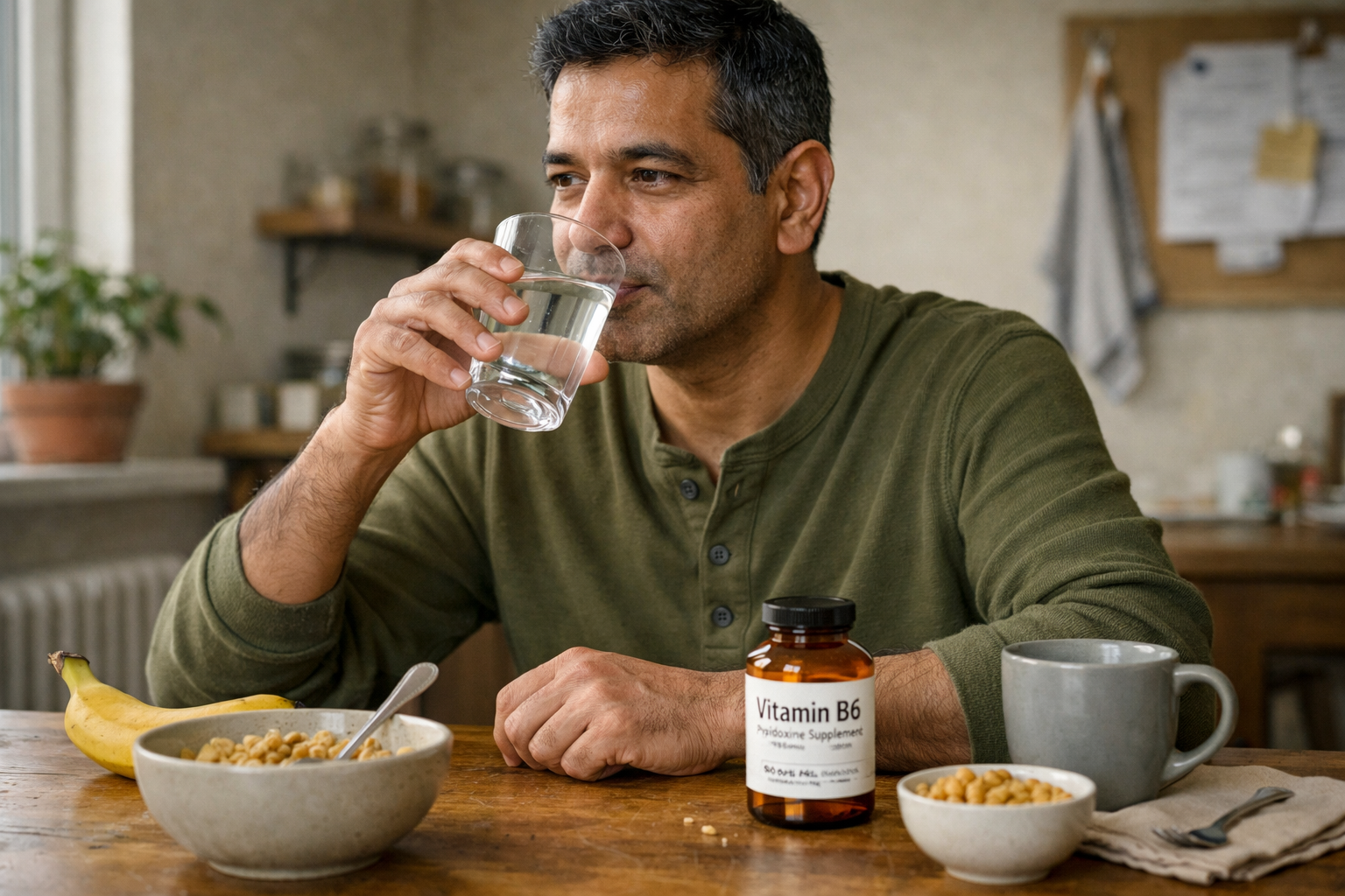 Person taking a vitamin B6 supplement with breakfast at home