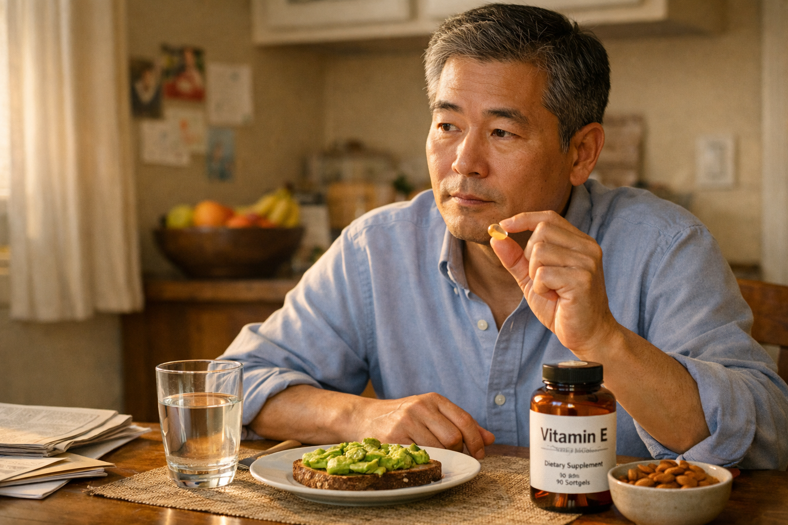 Person taking a vitamin E softgel with breakfast at home