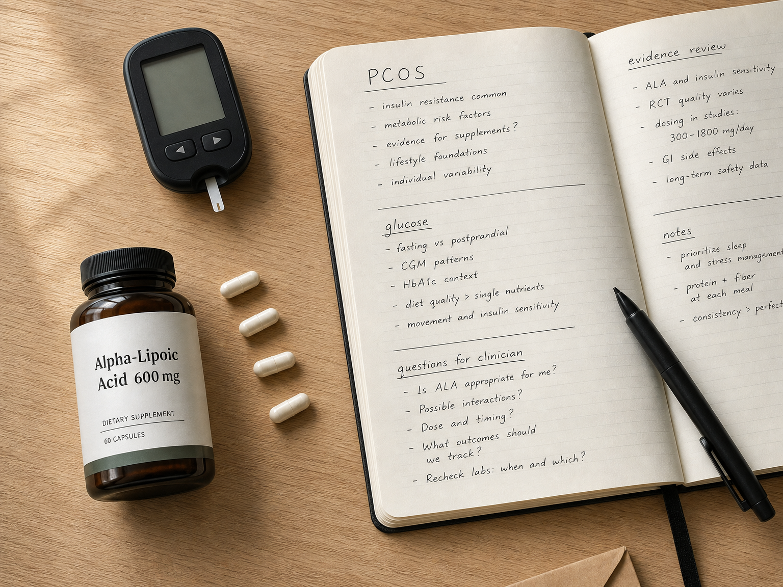 Flat-lay of alpha-lipoic acid capsules, a glucose meter and PCOS notes on a desk.