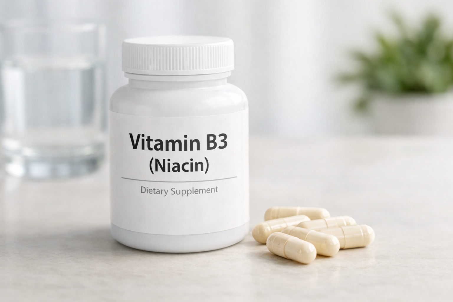 Frasco de suplemento de niacina (vitamina B3) con cápsulas sobre una superficie limpia