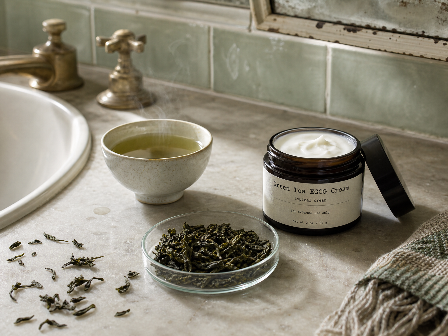 Hojas de té verde junto a un tarro genérico de crema facial con té verde sobre una encimera limpia de baño.