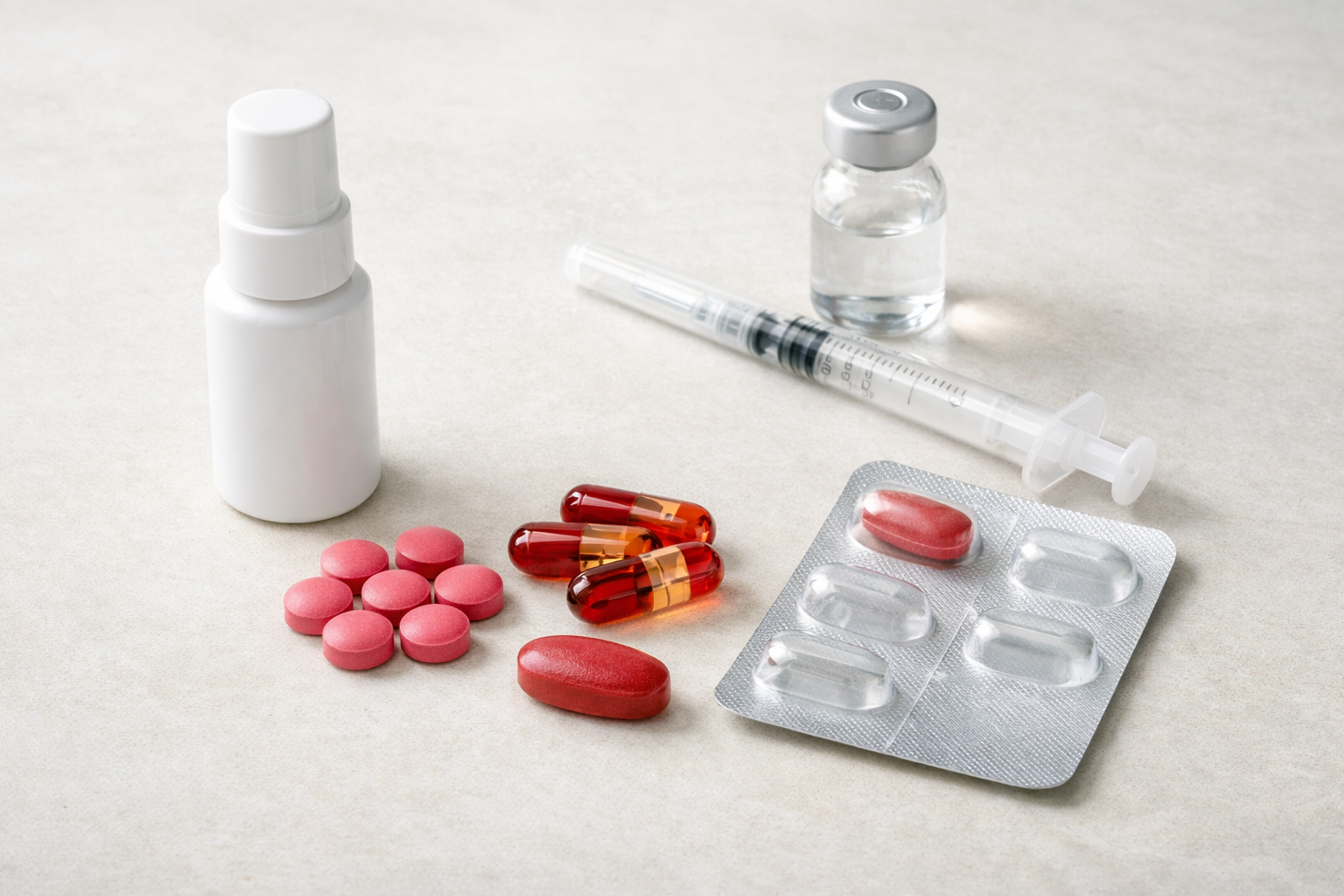 Erilaisia B12-vitamiinitabletteja, suihke ja muita valmisteita puhtaalla pinnalla
