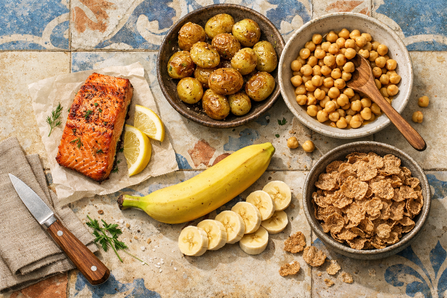 B6-vitamiinirikkaita ruokia, kuten perunoita, kikherneitä, muroja, hedelmiä ja kalaa