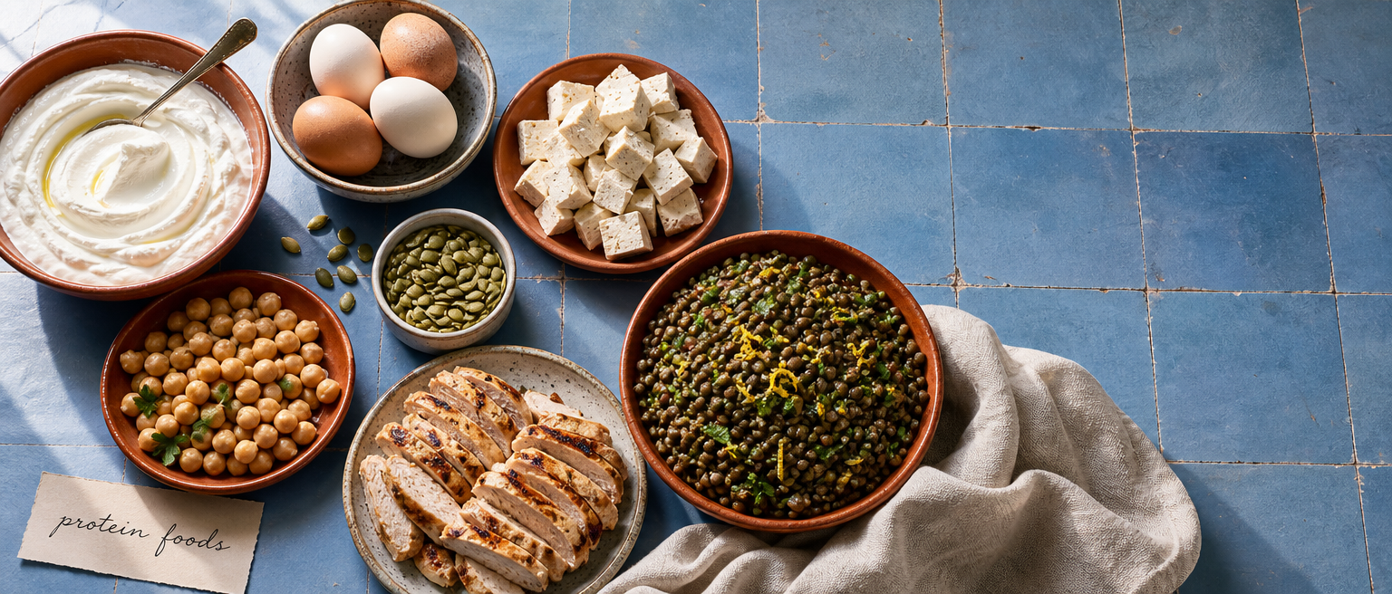 Proteiinipitoisia ruokia, kuten jogurttia, kananmunia, tofua, kikherneitä, siemeniä, kanaa ja linssejä, laatoitetulla pöydällä.