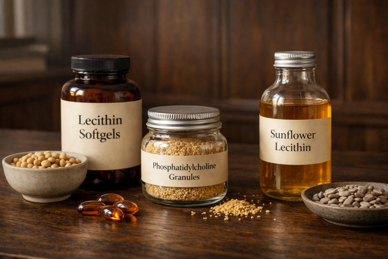 Capsules molles de lécithine, granulés de lécithine et lécithine liquide à côté de graines de tournesol et de soja