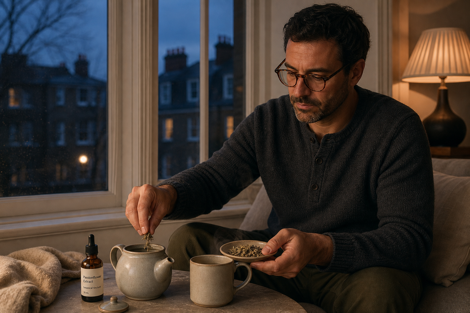 Homme préparant une tisane de passiflore à côté d’un flacon d’extrait de passiflore dans une ambiance calme en soirée