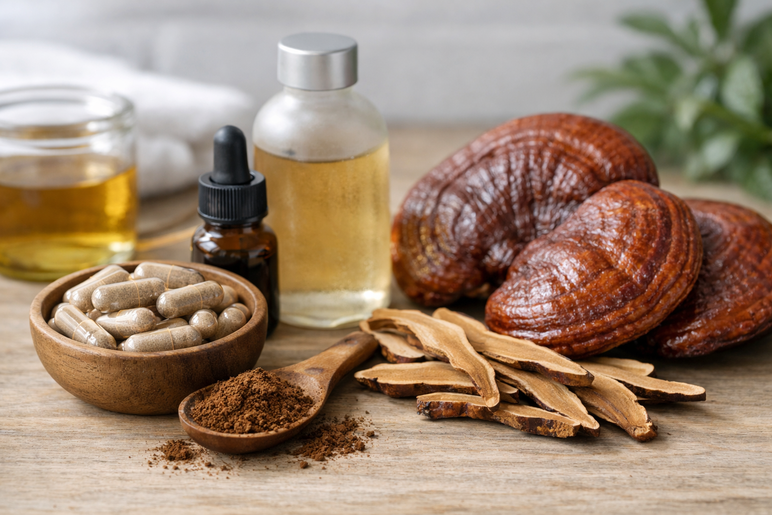 Différentes formes de compléments de reishi montrant que les poudres et les extraits ne sont pas interchangeables