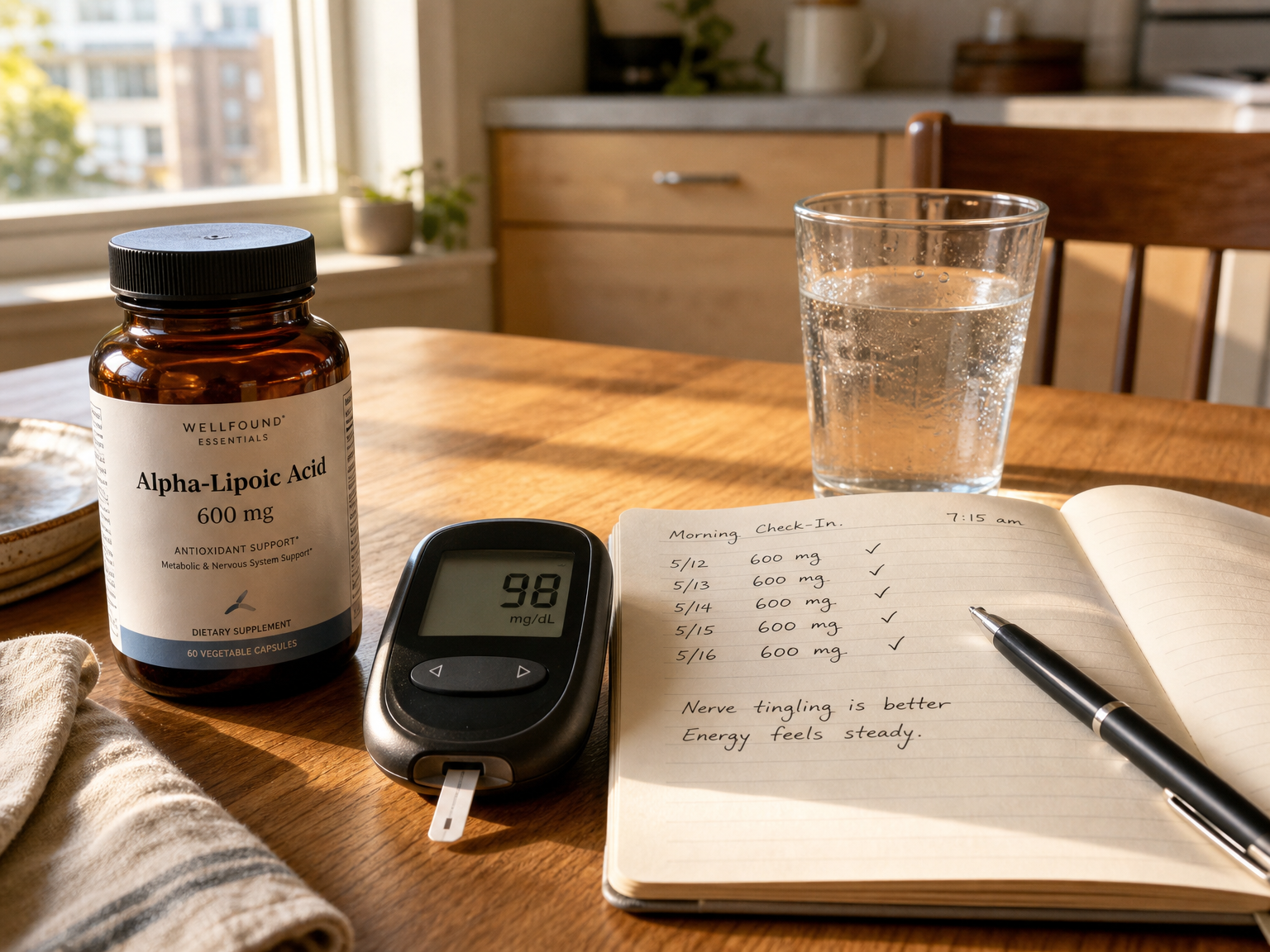 Flacon de complément d’acide alpha-lipoïque à côté d’un lecteur de glycémie et d’un carnet de doses sur une table de cuisine épurée.