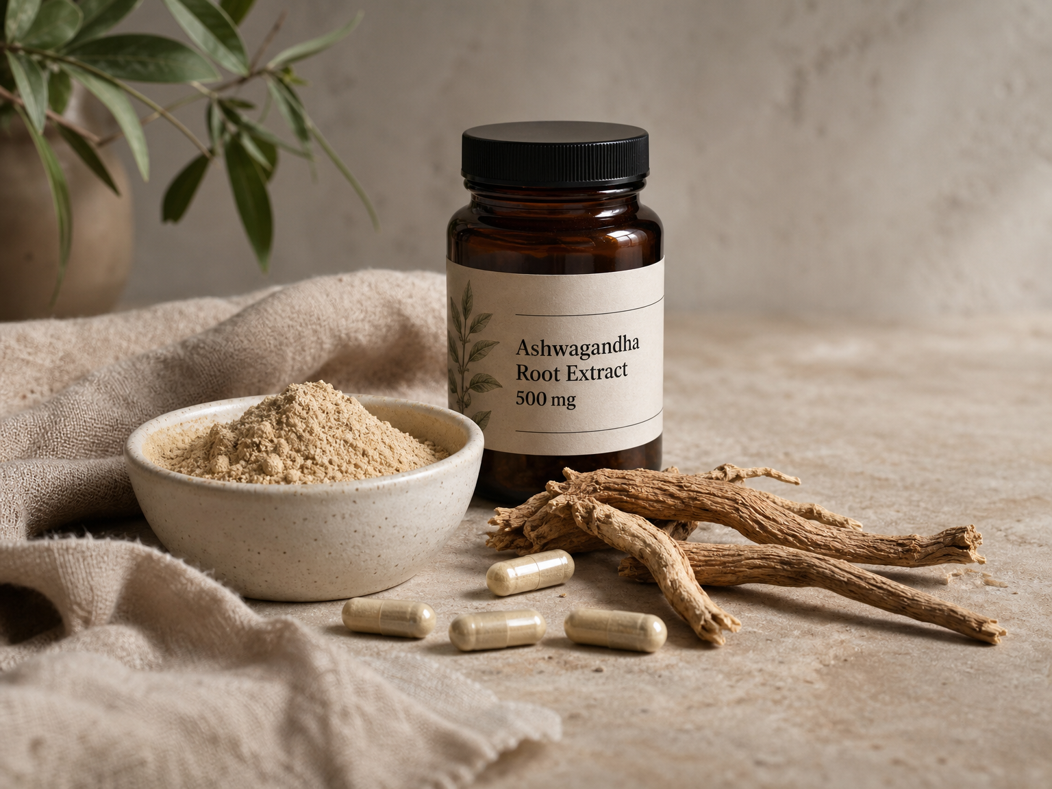 Poudre d’ashwagandha, racines séchées, gélules et pot générique de complément d’ashwagandha disposés dans une nature morte apaisante.