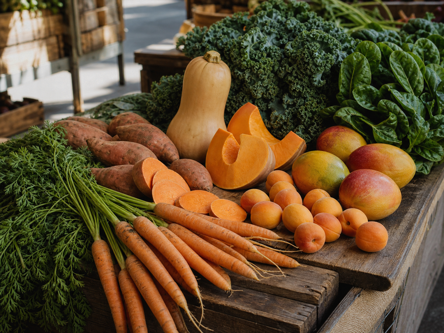 Aliments colorés riches en bêta-carotène, dont carottes, patates douces, courges, mangue, abricots et légumes à feuilles vertes.