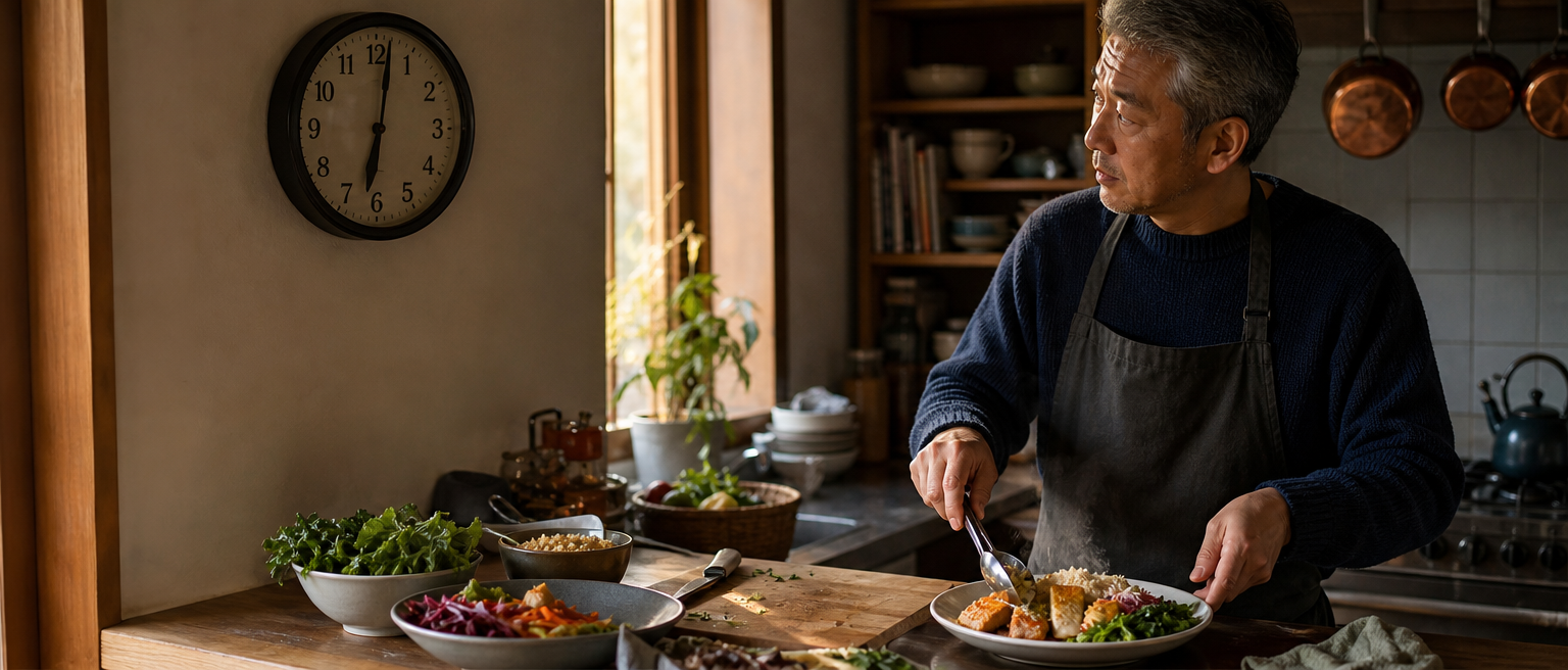 Homme préparant un dîner tôt tandis qu’une horloge de cuisine indique l’heure du soir.
