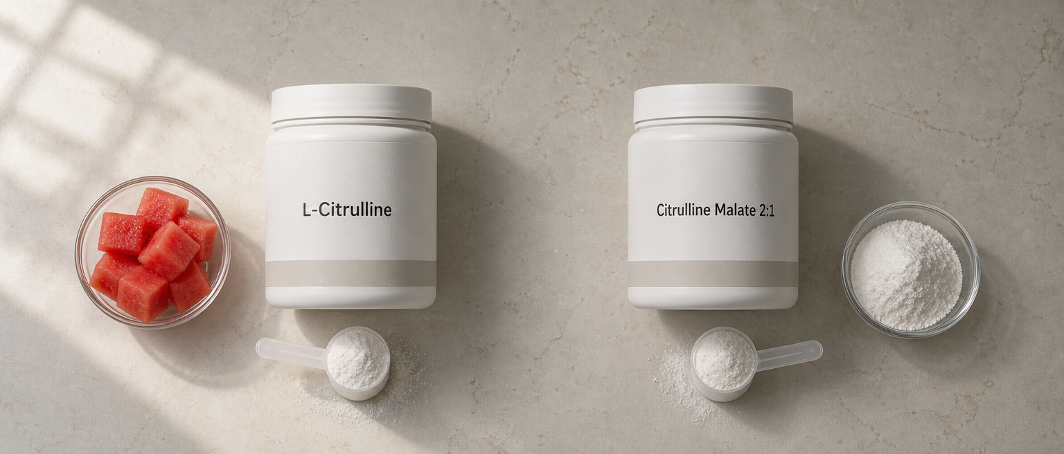 Pots sans marque de L-citrulline et de citrulline malate avec des dosettes de poudre.