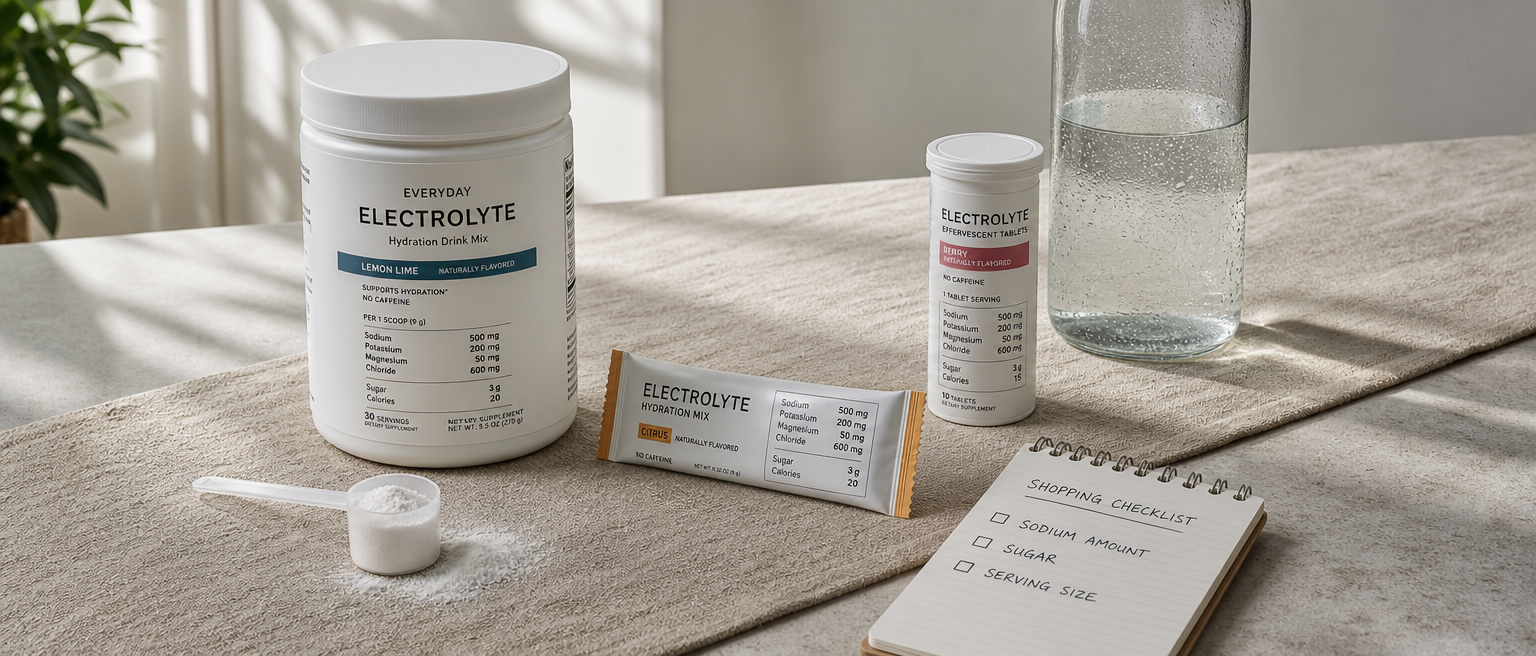 Produits à base d’électrolytes génériques avec des étiquettes indiquant le sodium, le potassium, le magnésium, le sucre et la taille de la portion.