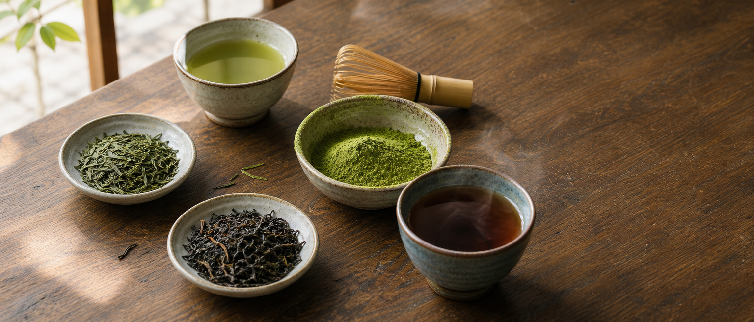 Thé vert, thé noir et matcha présentés comme sources naturelles de L-théanine.